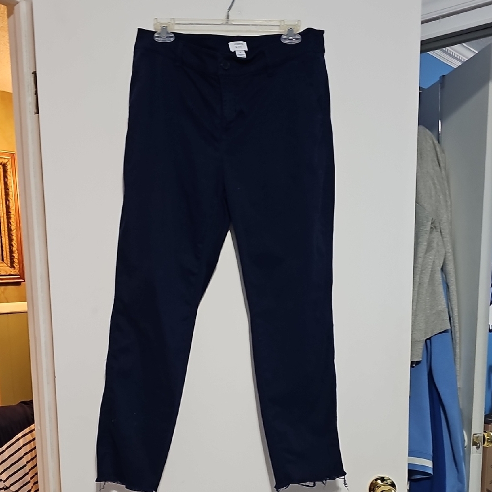 Crown & Ivy Midnight Blue Trousers Raw Hem Sz 10 Charlotte 100% Cotton EUC